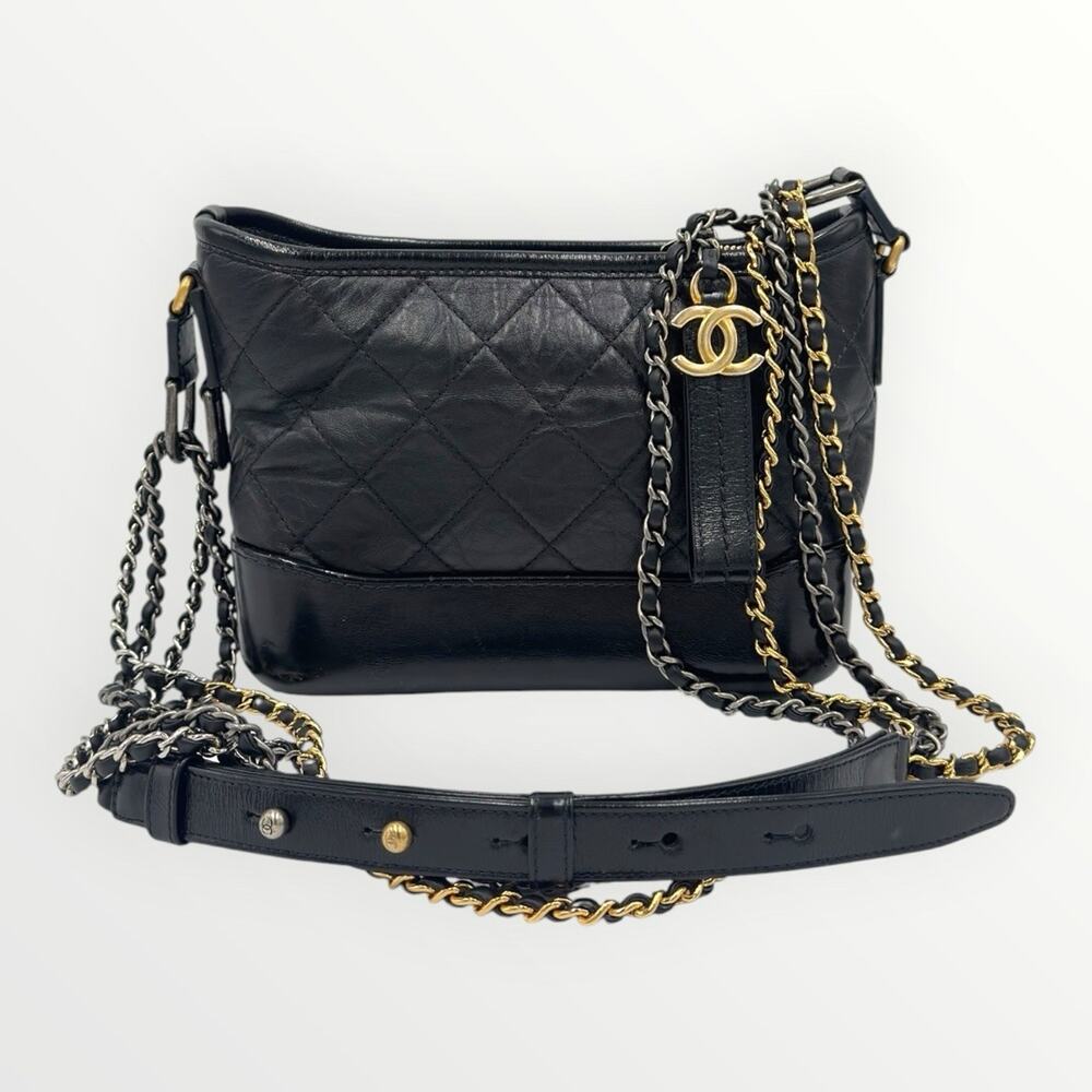 CHANEL Gabrielle Small Hobo Bag Black Quilted Leather Mixed Metal Chain